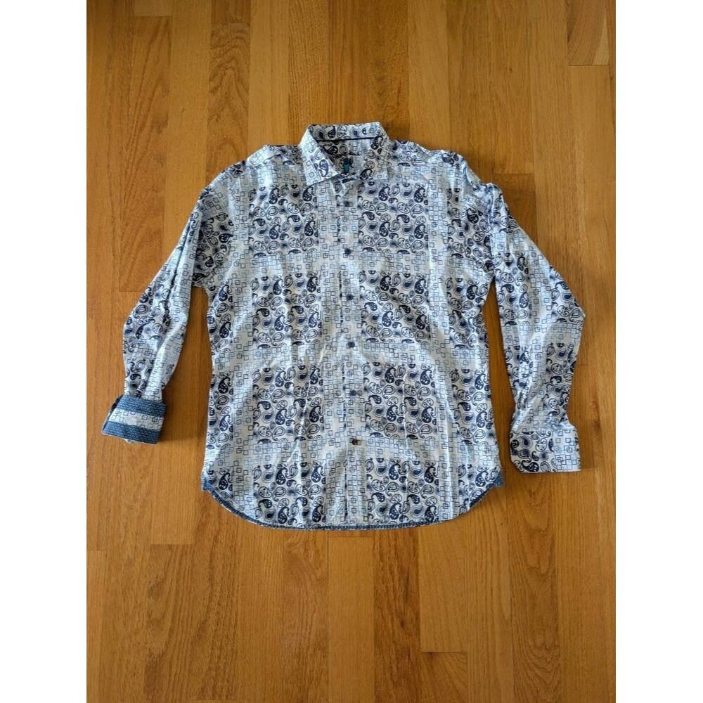 Luchiano Visconti Men's L Blue Paisley Flip Cuff Button Up Shirt White Cotton